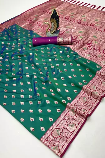 sea green soft banarasi silk saree with zari weaving meenakari design