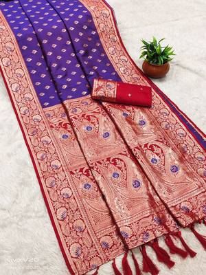 violet soft banarasi silk saree with zari weaving meenakari design 2