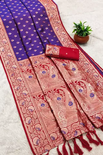 violet soft banarasi silk saree with zari weaving meenakari design
