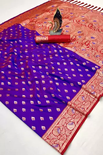 violet soft banarasi silk saree with zari weaving meenakari design