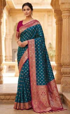 teal blue soft banarasi silk saree with zari weaving meenakari design 1