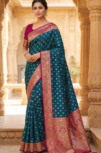 teal blue soft banarasi silk saree with zari weaving meenakari design