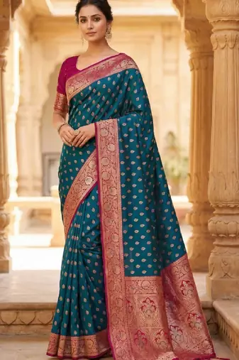 teal blue soft banarasi silk saree with zari weaving meenakari design