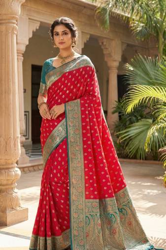 pink soft banarasi silk saree with zari weaving meenakari design