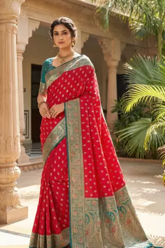 pink soft banarasi silk saree with zari weaving meenakari design