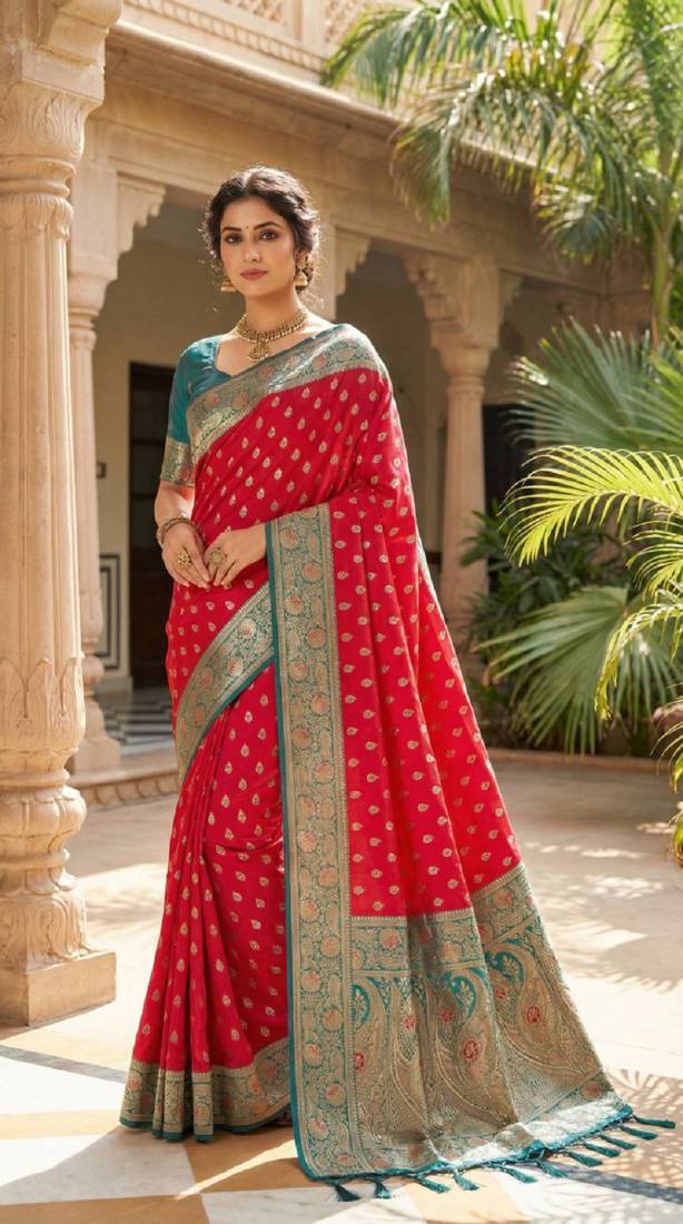 pink soft banarasi silk saree with zari weaving meenakari design