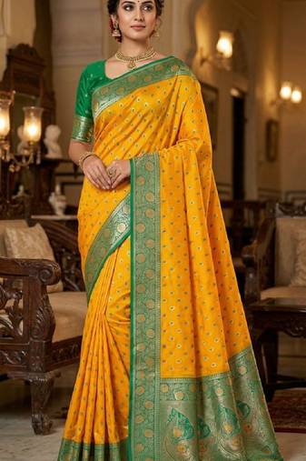 yellow soft banarasi silk saree with zari weaving meenakari design