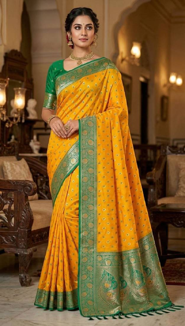 yellow soft banarasi silk saree with zari weaving meenakari design