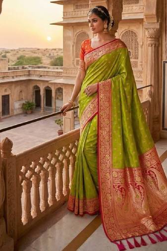 parrot green soft banarasi silk saree with zari weaving meenakari design