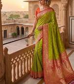 parrot green soft banarasi silk saree with zari weaving meenakari design