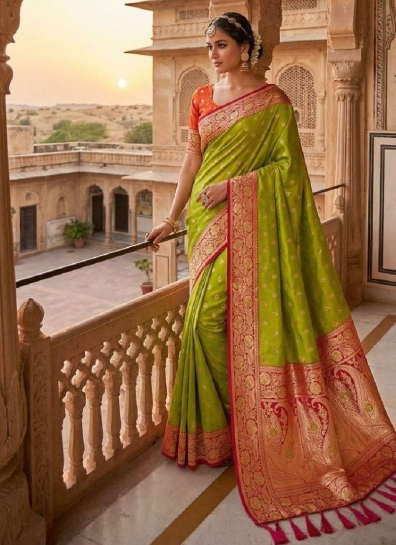 parrot green soft banarasi silk saree with zari weaving meenakari design