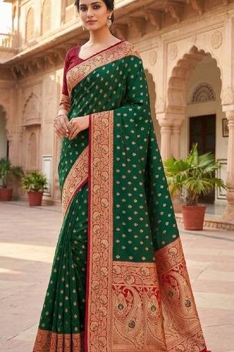 green soft banarasi silk saree with zari weaving meenakari design