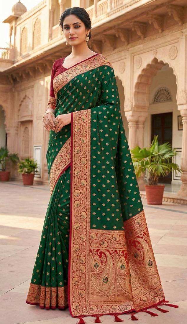 green soft banarasi silk saree with zari weaving meenakari design