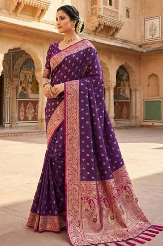 wine soft banarasi silk saree with zari weaving meenakari design