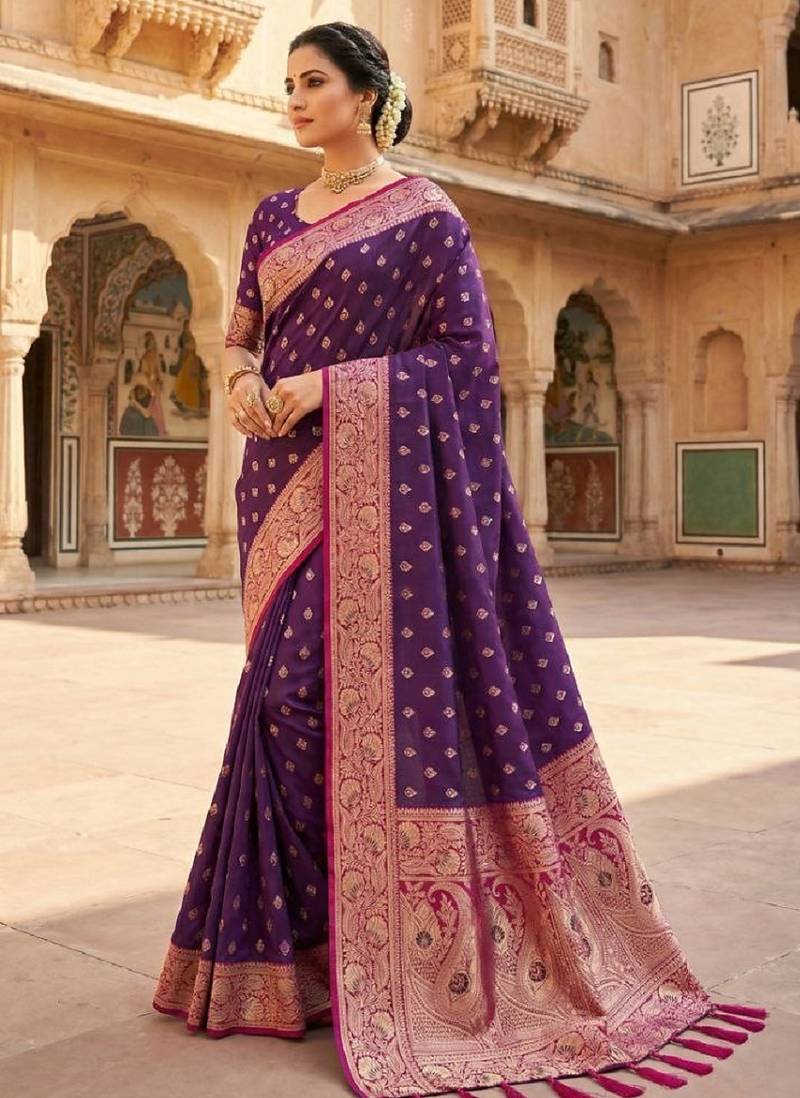 wine soft banarasi silk saree with zari weaving meenakari design