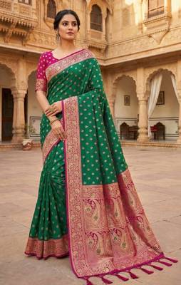 sea green soft banarasi silk saree with zari weaving meenakari design 1