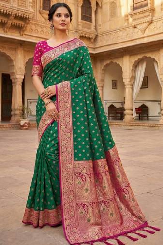 sea green soft banarasi silk saree with zari weaving meenakari design