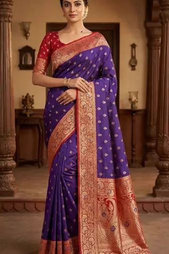 violet soft banarasi silk saree with zari weaving meenakari design