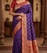 violet soft banarasi silk saree with zari weaving meenakari design