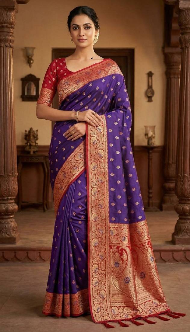 violet soft banarasi silk saree with zari weaving meenakari design