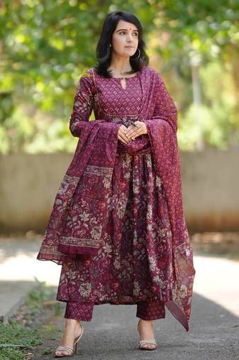 Maroon rayon printed designer kurta set with dupatta