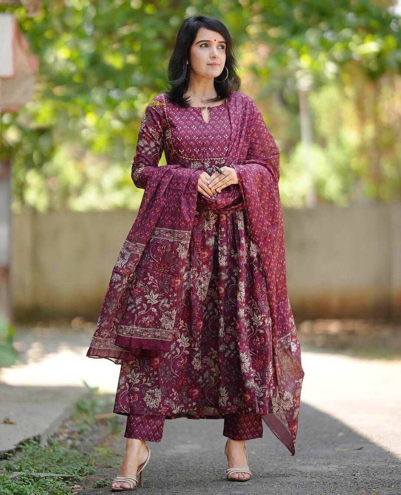 Maroon rayon printed designer kurta set with dupatta