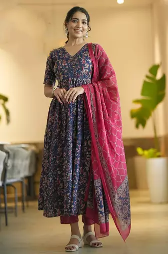 Navy blue rayon printed designer kurta set with dupatta