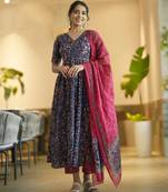 Navy blue rayon printed designer kurta set with dupatta