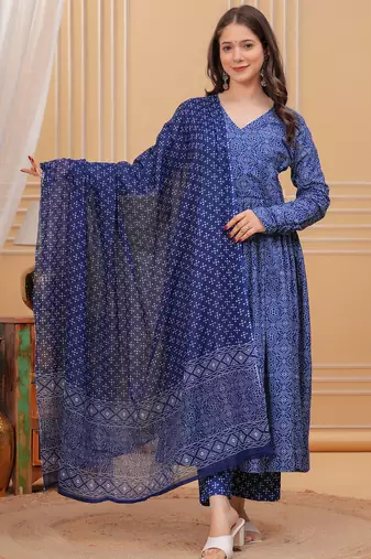 Blue rayon printed designer kurta set with dupatta