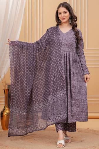 Purple rayon printed designer kurta set with dupatta