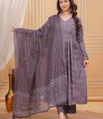 Purple rayon printed designer kurta set with dupatta