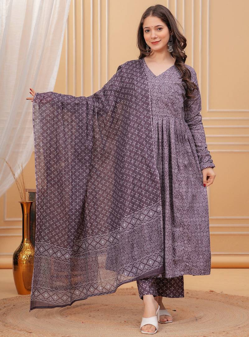 Purple rayon printed designer kurta set with dupatta