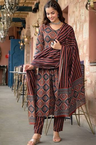 Maroon rayon printed designer kurta set with dupatta