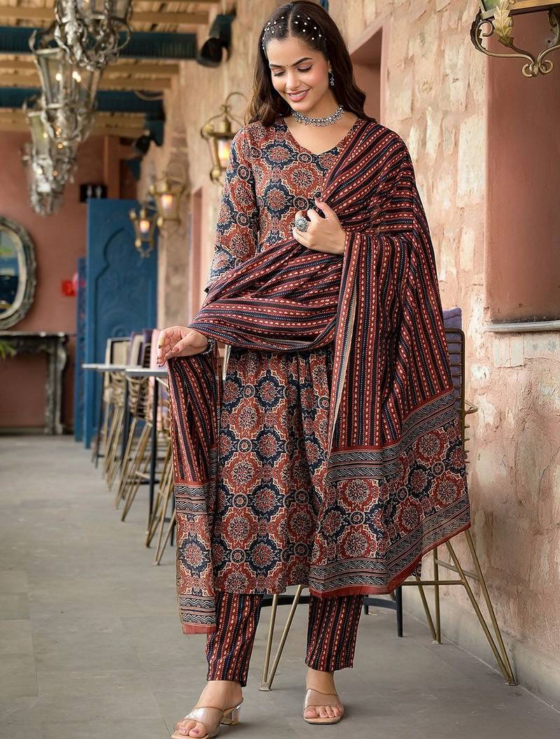 Maroon rayon printed designer kurta set with dupatta