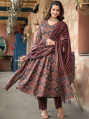 Maroon rayon printed designer kurta set with dupatta 2