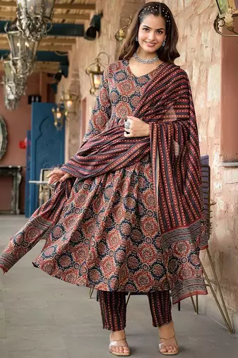 Maroon rayon printed designer kurta set with dupatta