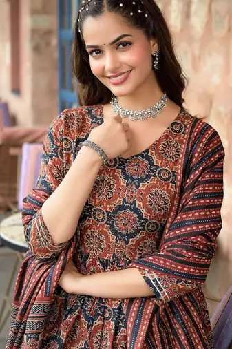 Maroon rayon printed designer kurta set with dupatta