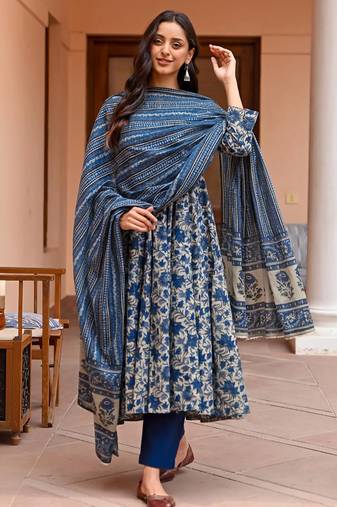 Navy blue rayon printed designer kurta set with dupatta