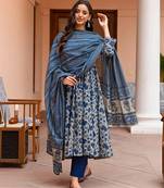 Navy blue rayon printed designer kurta set with dupatta