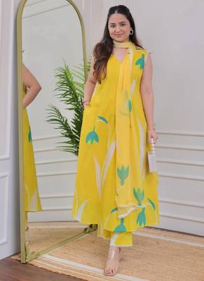 Yellow rayon printed designer kurta set with dupatta 1
