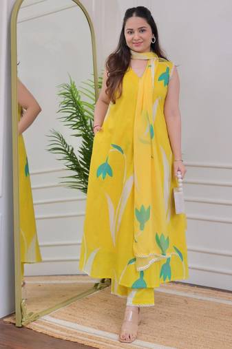 Yellow rayon printed designer kurta set with dupatta