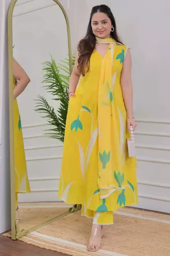 Yellow rayon printed designer kurta set with dupatta
