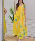 Yellow rayon printed designer kurta set with dupatta