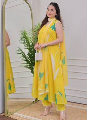 Yellow rayon printed designer kurta set with dupatta 2