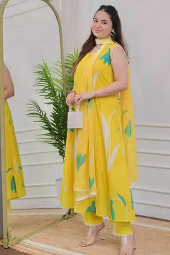 Yellow rayon printed designer kurta set with dupatta