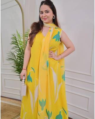 Yellow rayon printed designer kurta set with dupatta 3