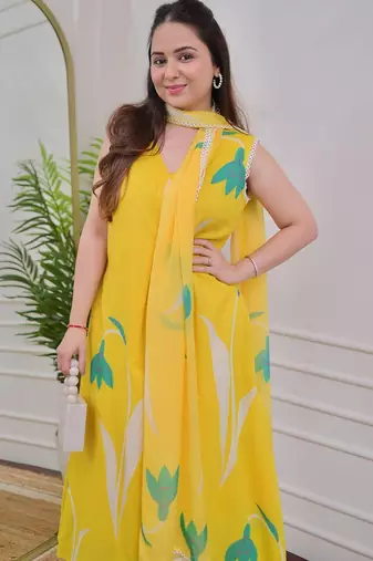 Yellow rayon printed designer kurta set with dupatta