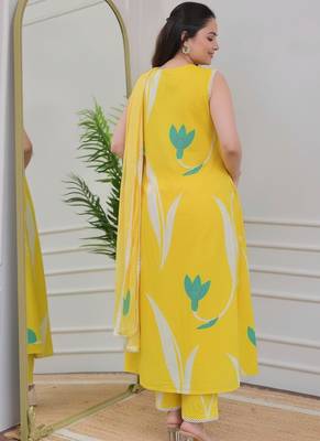 Yellow rayon printed designer kurta set with dupatta 4
