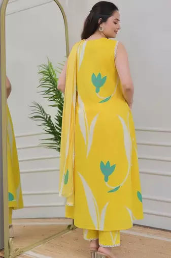 Yellow rayon printed designer kurta set with dupatta