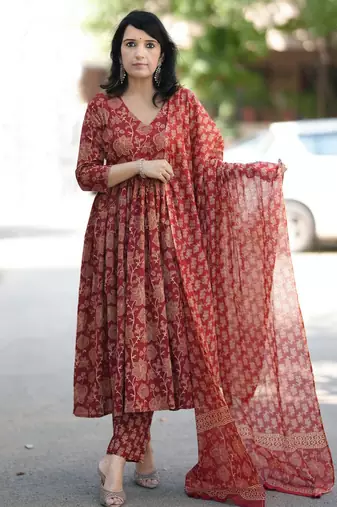 Maroon rayon printed designer kurta set with dupatta